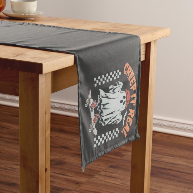 Creep It Real Retro Halloween Skate Ghost  Short Table Runner (In Situ)