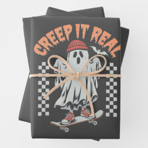 Creep It Real Retro Halloween Skate Ghost Wrapping Paper Sheet