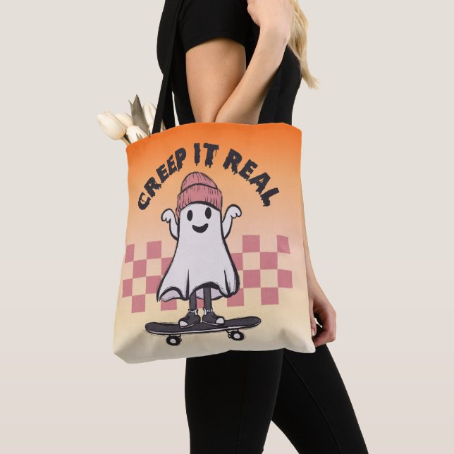 Creep it Real Skateboarding Ghost Orange Halloween Tote Bag (Close Up)
