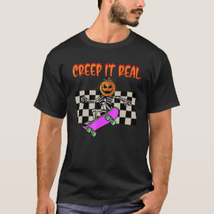 Creep it Real Skeleton Skateboard Halloween Vintag T-Shirt