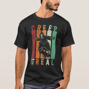 Creep It Real Spooky Halloween Skeleton Skateboard T-Shirt