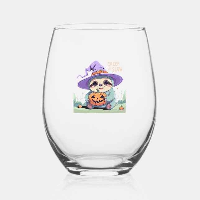 Creep It Slow � Cute Sloth Halloween Shirt  Funny  Stemless Wine Glass (Front)