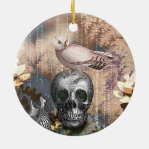Creep Owl on Skull Ceramic Tree Decoration