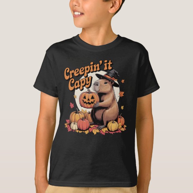 Creepin’ It Capy Halloween Capybara in Witch Hat T-Shirt (Front)
