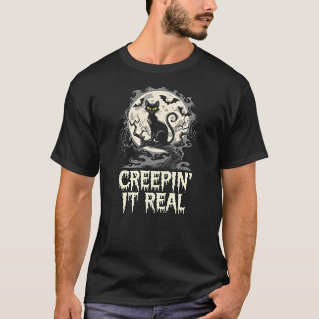 Creepin' It Real Design for Halloween Black Cat Lo T-Shirt (Front)