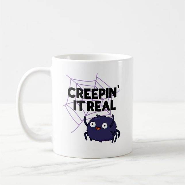 Creepin It Real Funny Halloween Spider Pun Coffee Mug (Left)