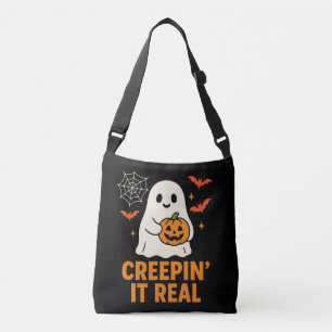 Creepin’ It Real ghost with pumpkin Halloween art Crossbody Bag