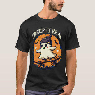 Creepin’ It Real Skateboarding Ghost Halloween T-Shirt