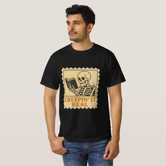 Creepin’ It Real – Skeleton Book Lover Halloween  T-Shirt (Front Full)