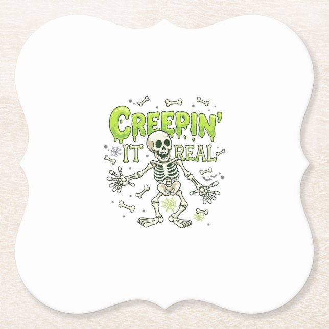 Creepin It Real Skeleton Halloween Bones Spider We Paper Coaster (Front)
