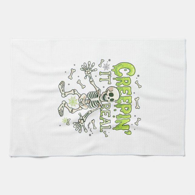 Creepin It Real Skeleton Halloween Bones Spider We Tea Towel (Horizontal)