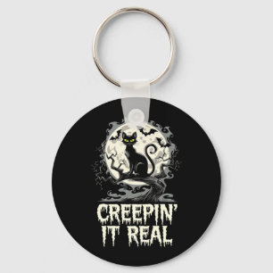 Creepin Real Design For Halloween Black Cat Lover Key Ring