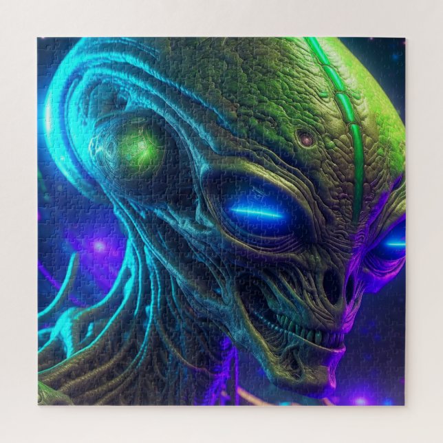 Creepy Alien Head with Glowing Blue Eyes Jigsaw Puzzle (Vertical)