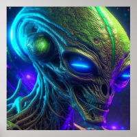 Creepy Alien Head with Glowing Blue Eyes