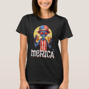 Creepy Alien July 4th Drinking Beer Merica USA T-Shirt