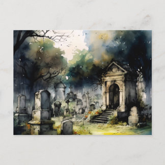 Creepy and Beautiful Grey Cemetery Halloween Holiday Postcard