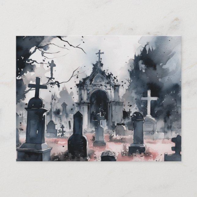 Creepy and Beautiful Grey Cemetery Halloween Holiday Postcard (Front)