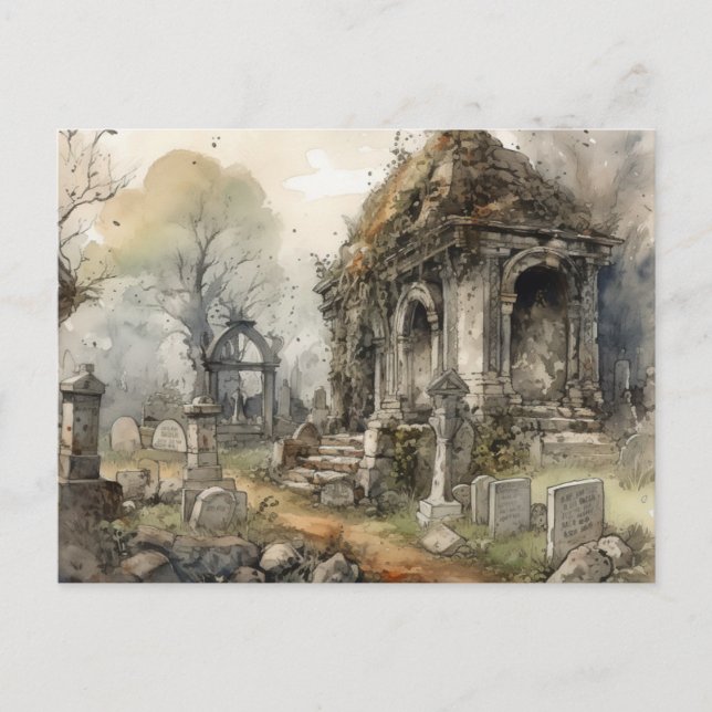 Creepy and Beautiful Grey Cemetery Halloween Holiday Postcard (Front)
