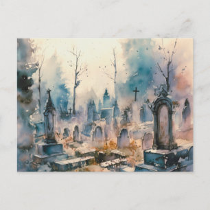 Creepy and Beautiful Grey Cemetery Halloween Holiday Postcard