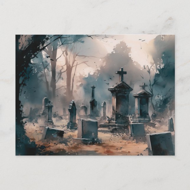 Creepy and Beautiful Grey Cemetery Halloween Holiday Postcard (Front)