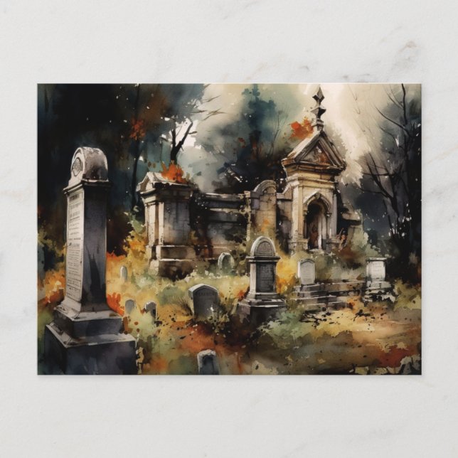 Creepy and Beautiful Grey Cemetery Halloween Holiday Postcard (Front)