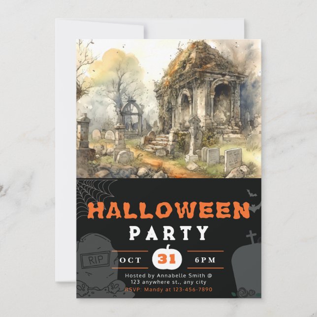 Creepy and Scary Cemetery Black Halloween Invitation (Front)
