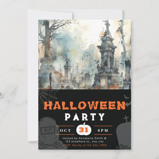 Creepy and Scary Cemetery Black Halloween Invitation (Front)