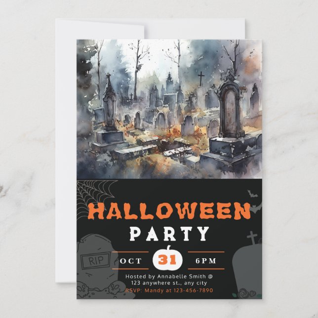 Creepy and Scary Cemetery Black Halloween Invitation (Front)