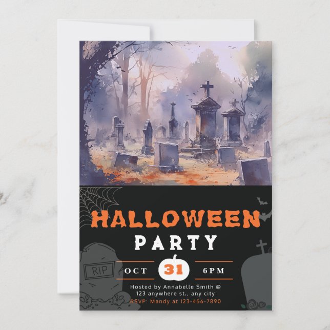 Creepy and Scary Cemetery Black Halloween Invitation (Front)