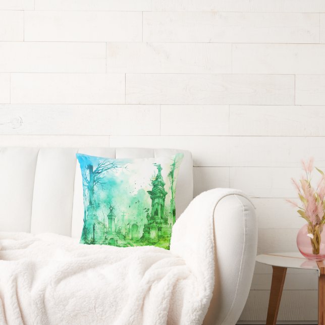 Creepy and Spooky Cemetery Green & Blue Halloween Cushion (Couch)
