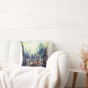 Creepy and Spooky Cemetery Green Halloween Cushion