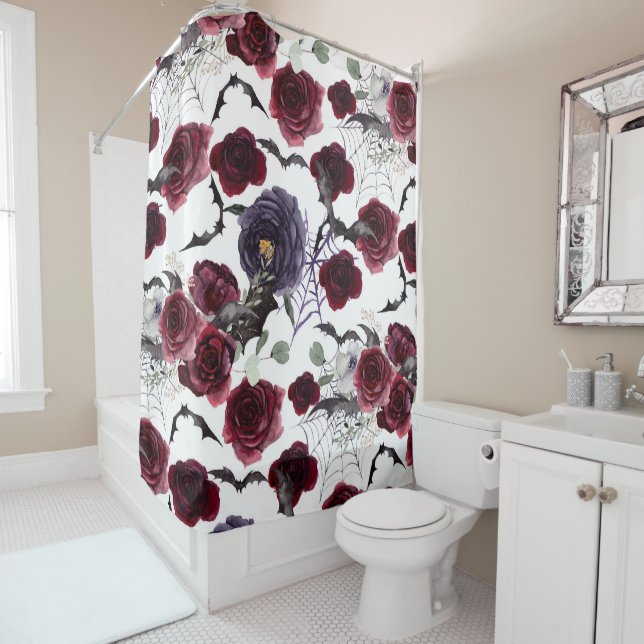 Creepy Beautiful | Dark Gothic Roses with Bats Shower Curtain (In Situ)