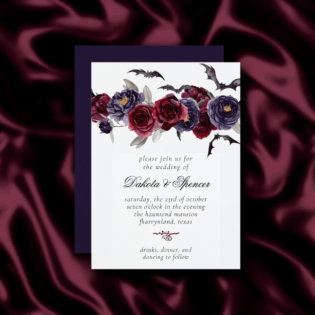Creepy Beautiful | Dark Red and Purple Floral Bats Invitation (Creator Uploaded)