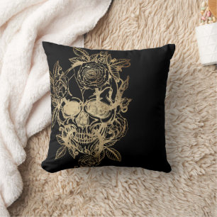 Creepy Beautiful   Gold Grunge Skull with Rose Cushion