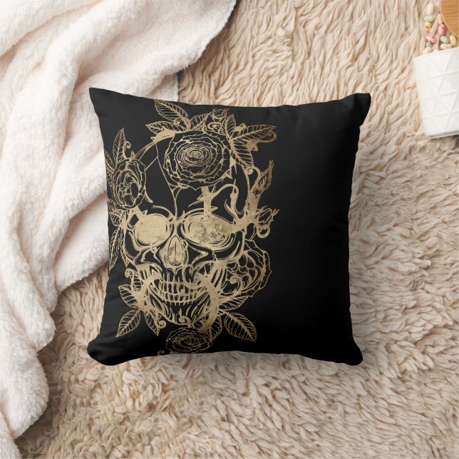 Creepy Beautiful | Gold Grunge Skull with Rose Cushion (Blanket)