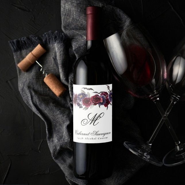 Creepy Beautiful | Gothic Floral Bats Monogram Wine Label (Creator Uploaded)