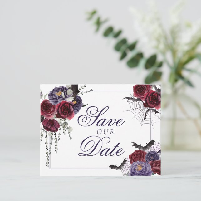 Creepy Beautiful | Gothic Roses with Bats Wedding Announcement Postcard (Standing Front)
