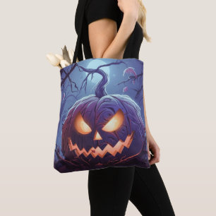 Creepy Big Jack-O' Lantern in the Forest Halloween Tote Bag