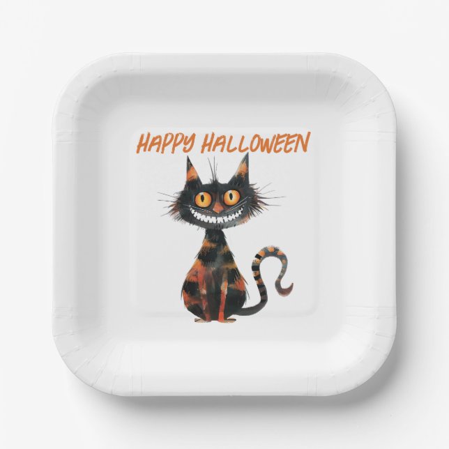 Creepy Black and Orange Cat Halloween Paper Plate (Front)
