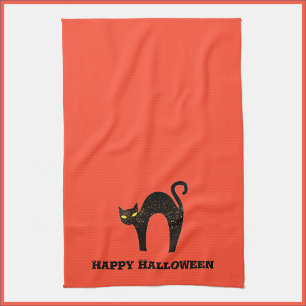 Creepy Black Cat Halloween Tea Towel