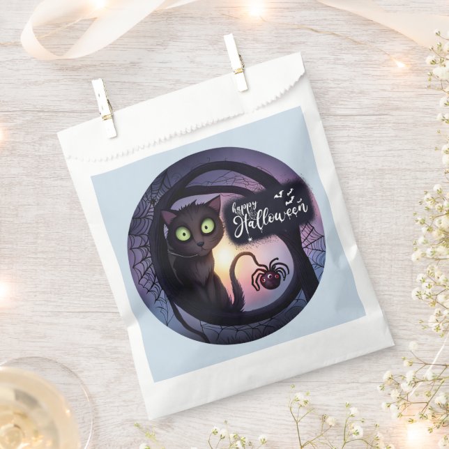 Creepy Black Cat Light Blue Happy Halloween Favour Bags (Clipped)