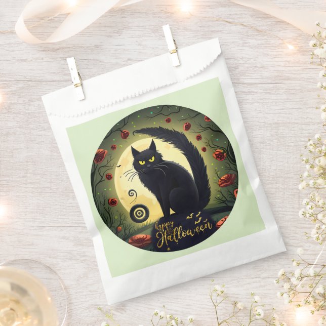 Creepy Black Cat Light Green Happy Halloween Favour Bags (Clipped)
