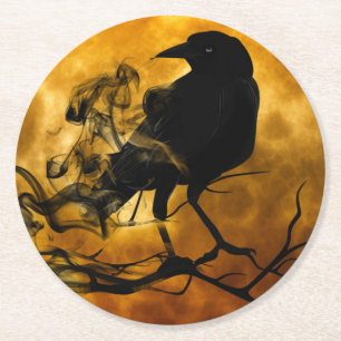 Creepy Black Crow Halloween Round Paper Coaster