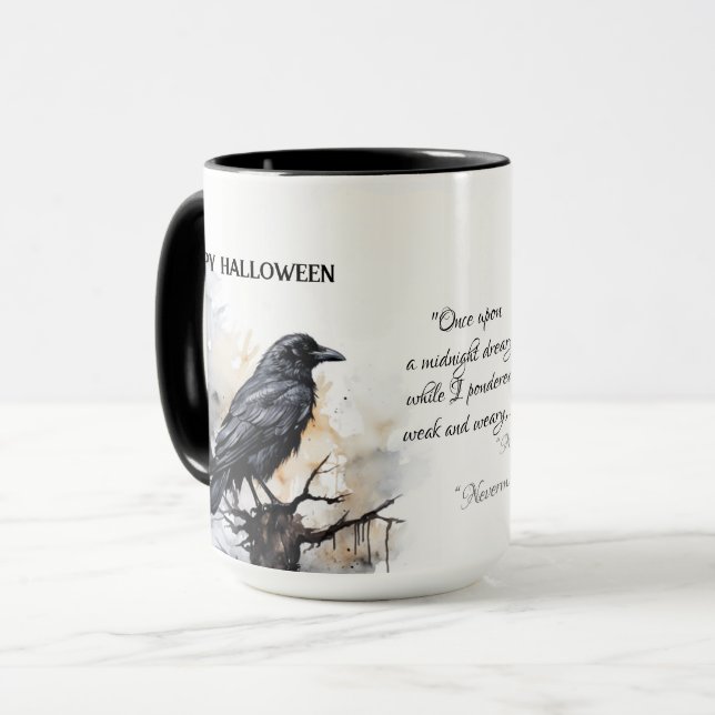 Creepy Black Raven Happy Halloween Mug (Front Left)