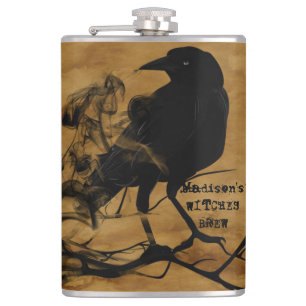 Creepy Black Raven Witches Brew Hip Flask