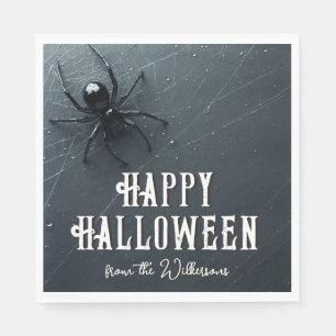 Creepy Black Spider and Web Halloween Party Napkin