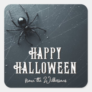 Creepy Black Spider and Web Halloween Party Square Sticker