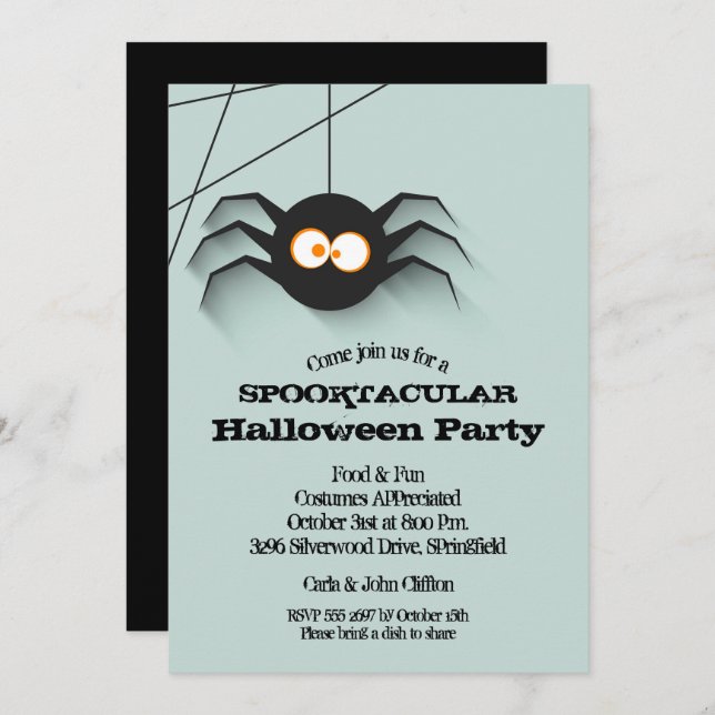 Creepy Black Spider Halloween Party Invitations (Front/Back)