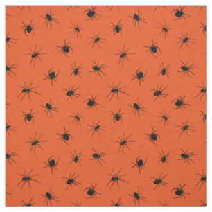 Creepy Black Spiders Patterned on Orange Halloween Fabric