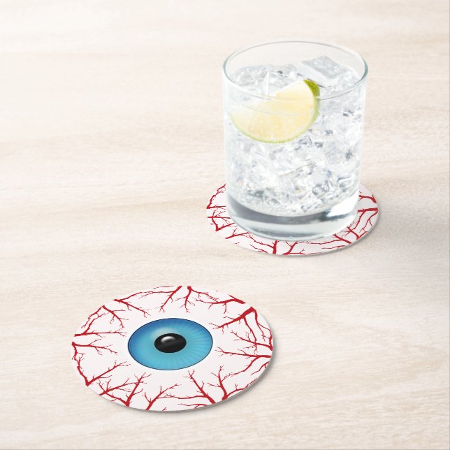 Creepy Bloodshot Eyeball Round Paper Coaster (Insitu)